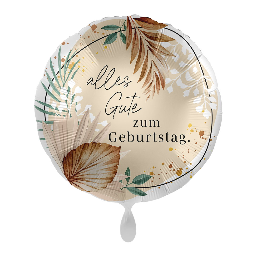 Geburtstagsballon „Alles Gute zum Geburtstag“ im Boho-Stil mit Blättern und Naturfarben
