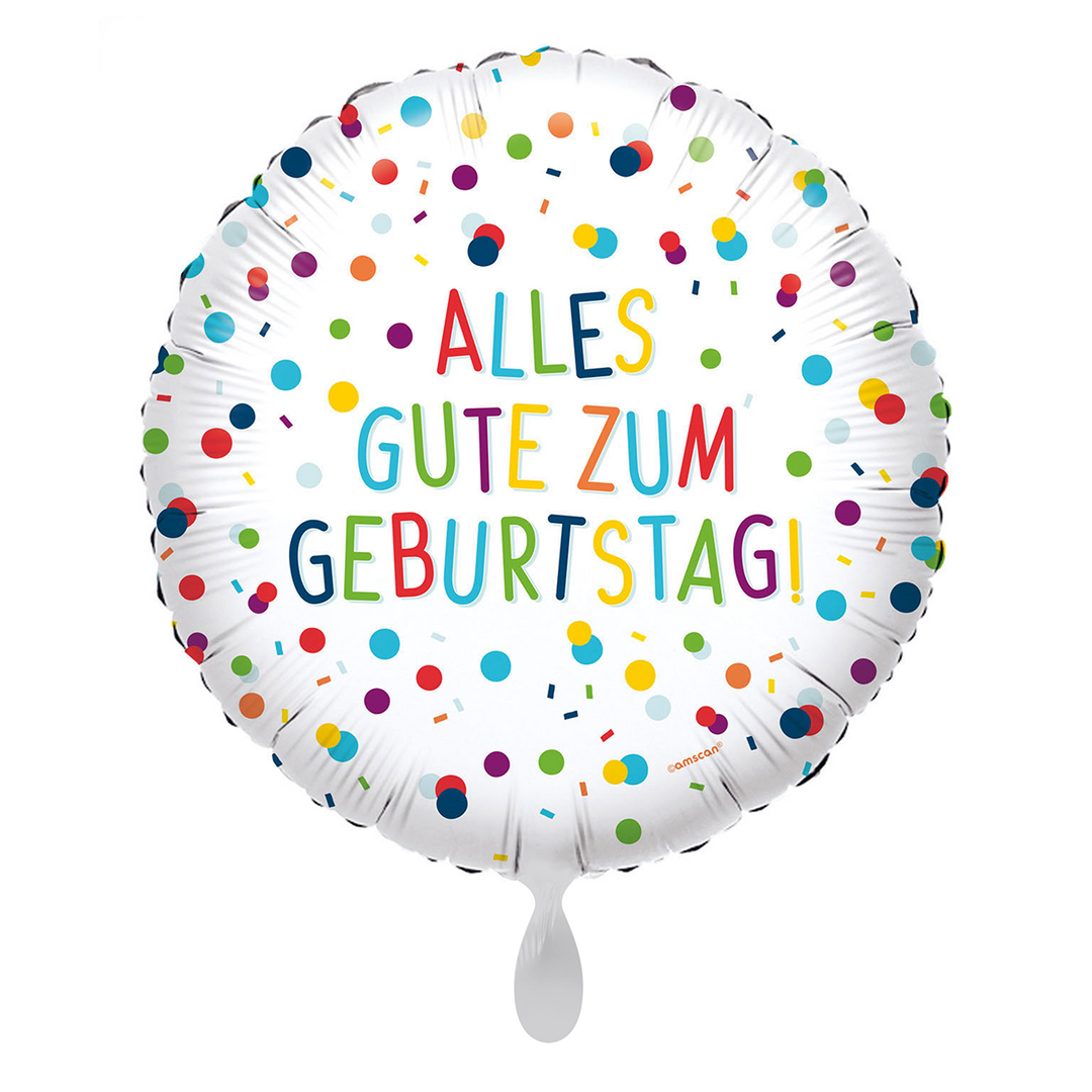 Runder Folienballon mit bunten Punkten und Aufschrift „Alles Gute zum Geburtstag“