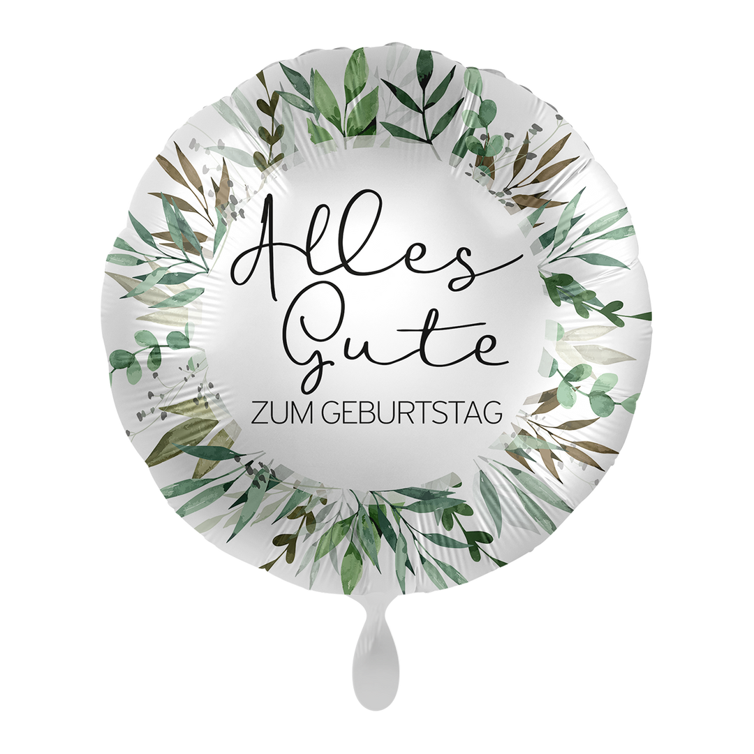 Der stilvolle Geburtstagsballon „Alles Gute zum Geburtstag“ begeistert mit seinem modernen Eukalyptus-Design und natürlichen Grüntönen. Durch den eleganten Blätterkranz wirkt er edel, zeitlos und passt zu nahezu jeder Dekoration.
Ob für Erwachsene oder Kinder – dieser Ballon ist eine schöne Möglichkeit, Geburtstagswünsche zu überbringen und eine festliche Stimmung zu schaffen. Mit Helium gefüllt, schwebt er mehrere Tage und eignet sich perfekt als Highlight in einem Ballonstrauß, als Tischdeko oder als Gesc