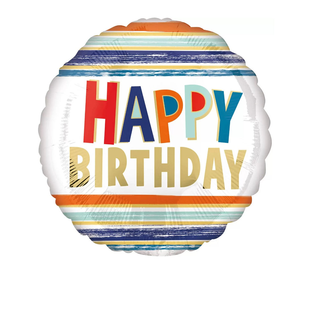 Runder Folienballon mit buntem „Happy Birthday“-Schriftzug und farbigen Streifen in Blau, Orange und Grün.