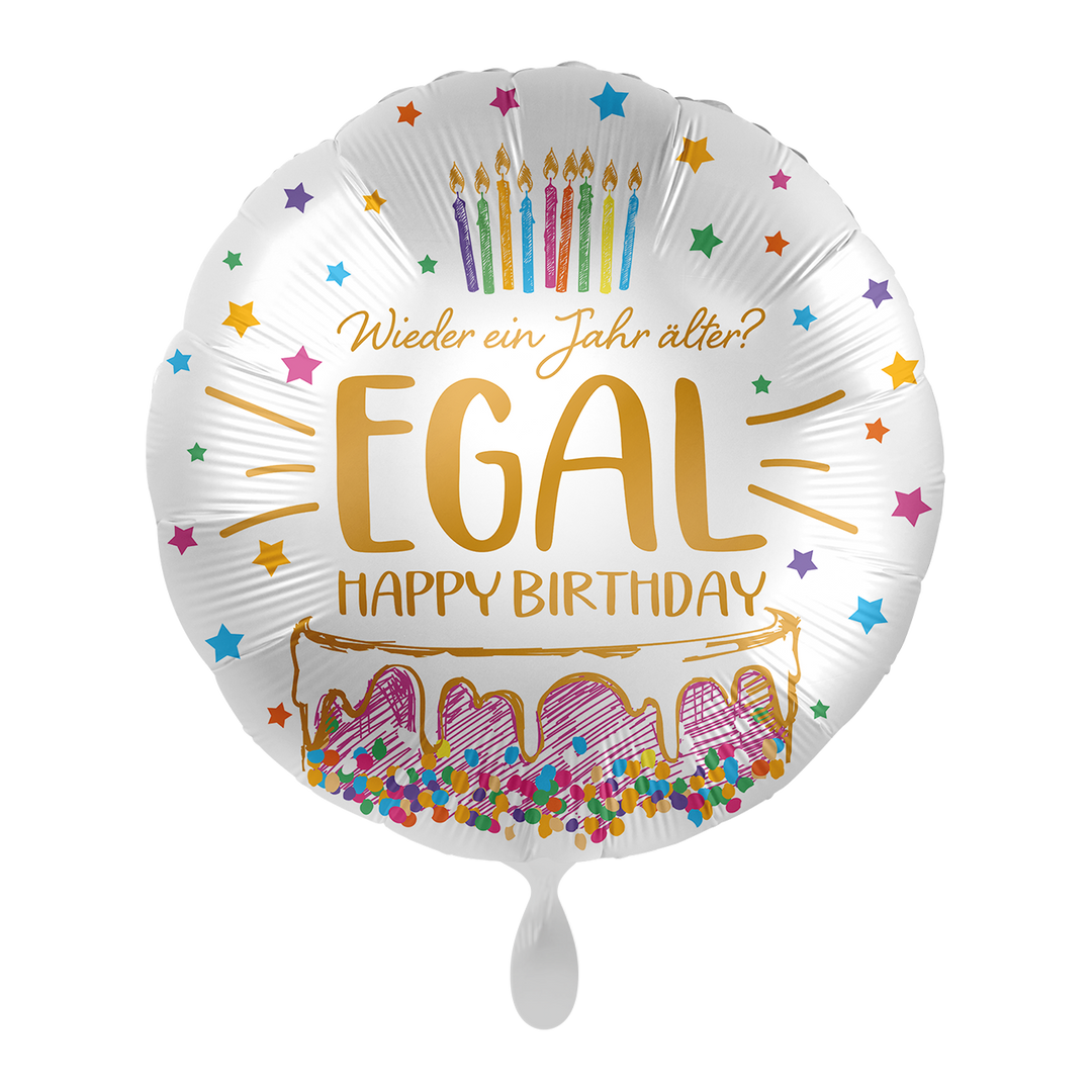 Runder Geburtstagsballon mit der Aufschrift „Wieder ein Jahr älter? EGAL – Happy Birthday“, bunten Sternen, Kerzen und Kuchenmotiv.