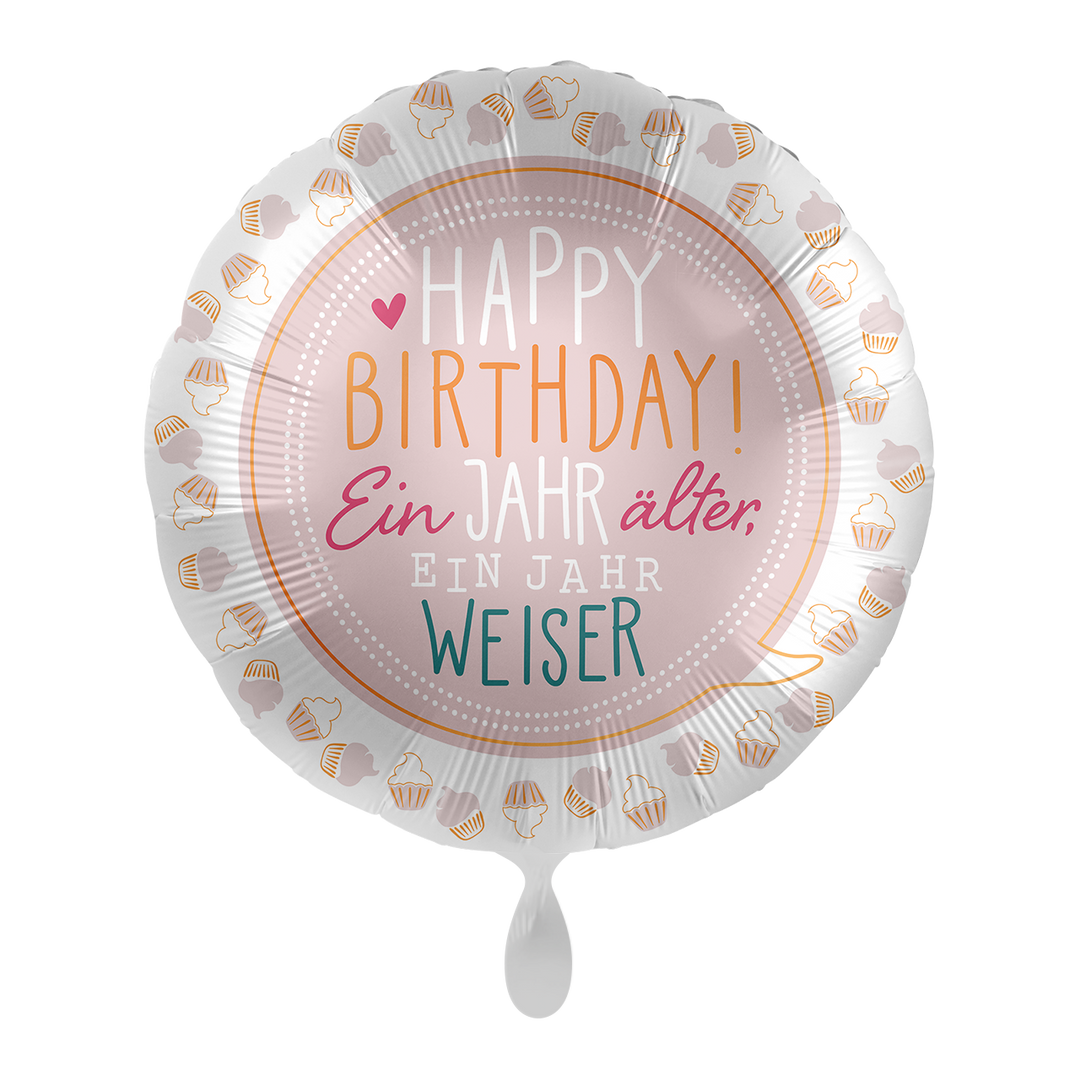 Geburtstagsballon mit Cupcake-Muster und der Aufschrift „Happy Birthday – Ein Jahr älter, ein Jahr weiser“, rund, rosa, weiß und bunt, HeyBalloon Viersen.