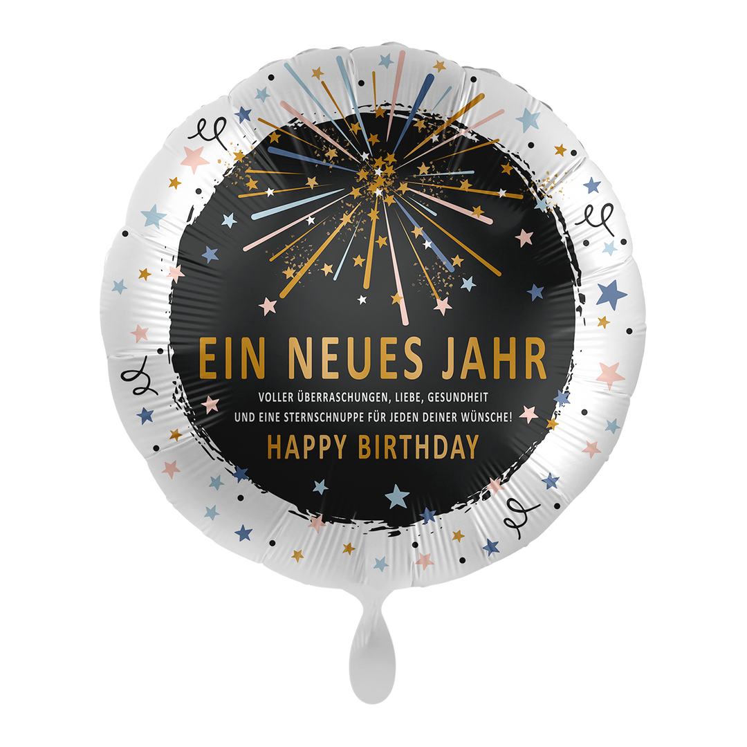 Runder Folienballon „Ein neues Jahr – Happy Birthday“ in Schwarz-Gold mit Sternen, ca. 43 cm – festliche Deko, erhältlich bei HeyBalloon Viersen.