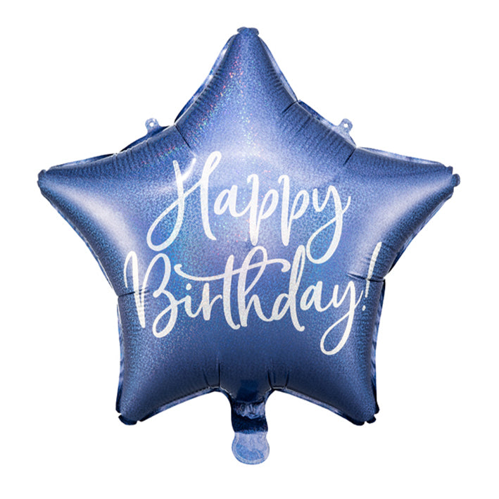 Blauer Stern-Ballon mit weißer Aufschrift „Happy Birthday“ und Glitzer-Effekt