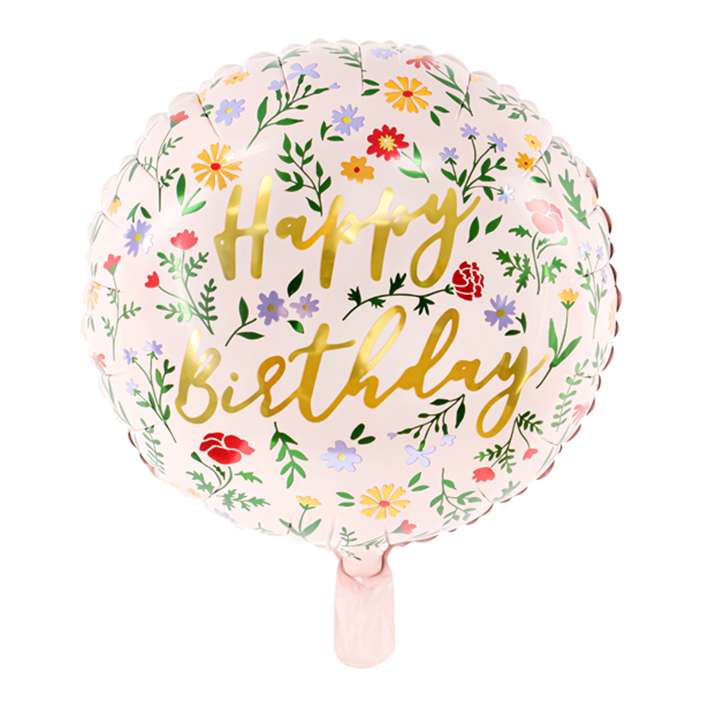 Folienballon rund, buntes Blumenmuster mit goldener Aufschrift „Happy Birthday“
