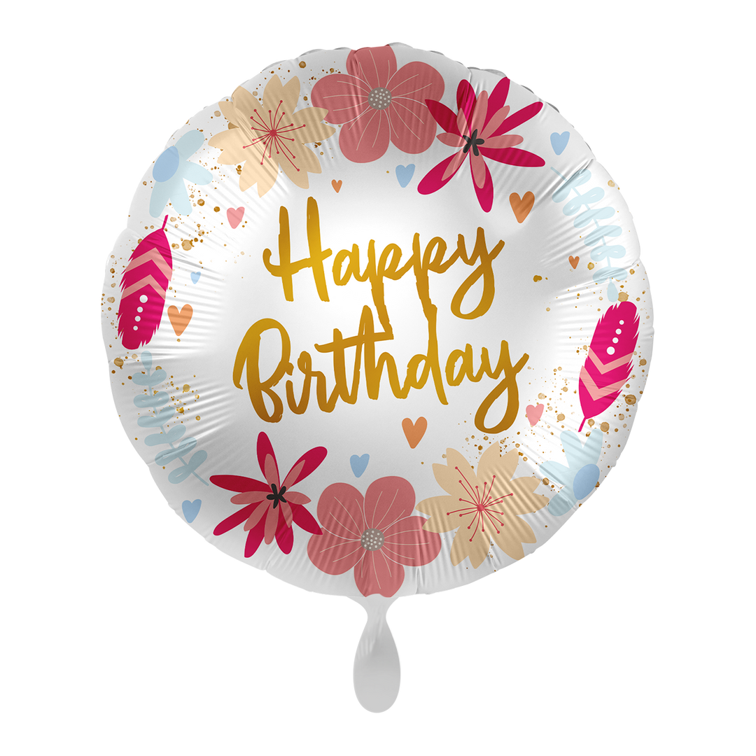 Runder Folienballon mit goldener Aufschrift „Happy Birthday“ und buntem Blumenmuster