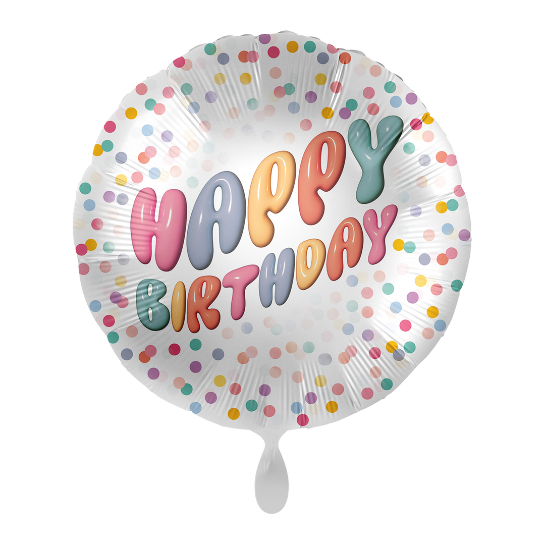 Runder Geburtstagsballon mit Aufschrift „Happy Birthday“ in bunten Buchstaben und farbigem Konfetti-Muster.
