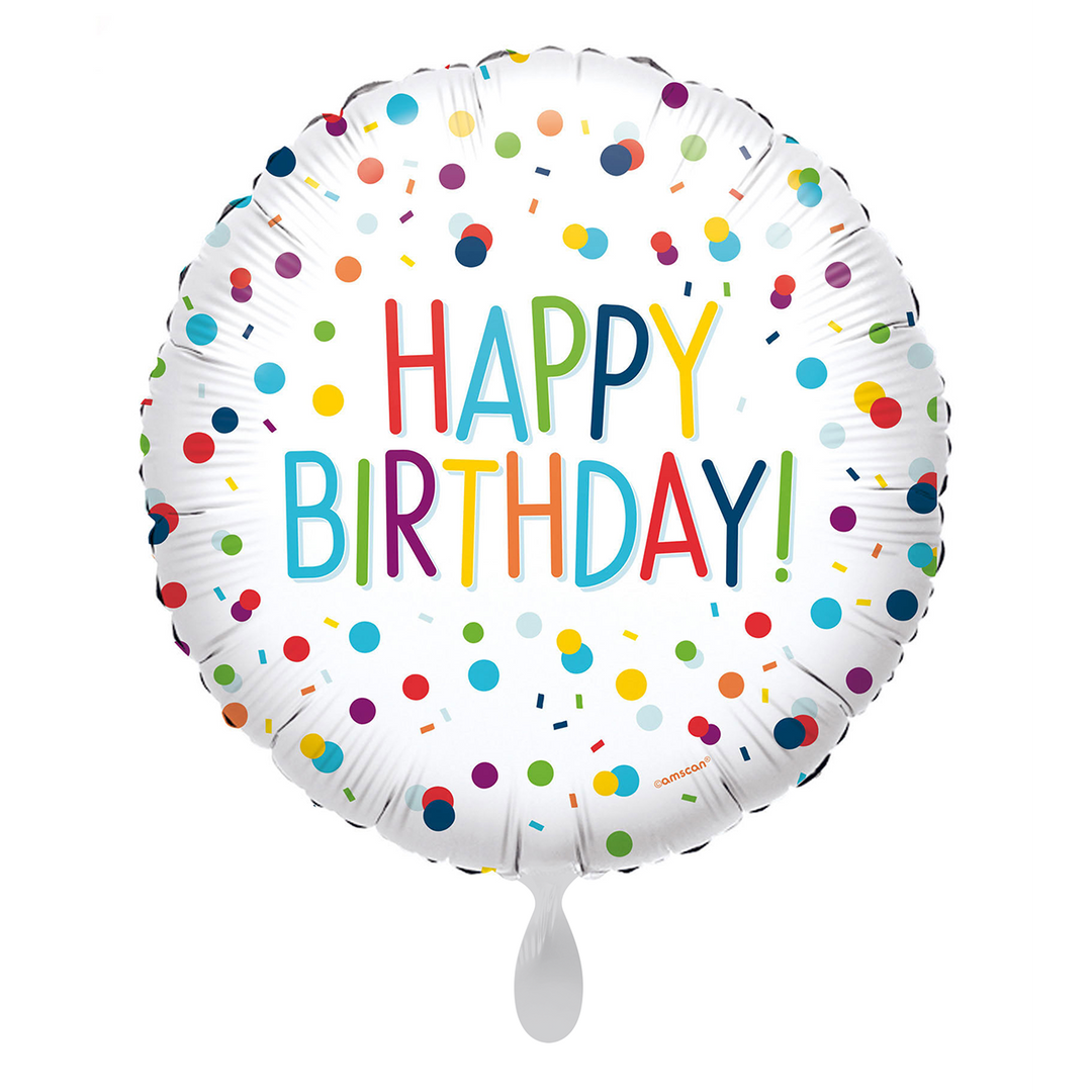 Runder Folienballon mit buntem Punktmuster und Aufschrift „Happy Birthday“