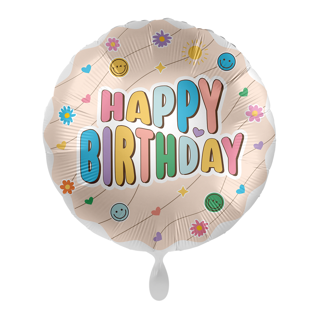 Geburtstagsballon „Happy Birthday“ – Bunte Smileys & Blumenmotiv