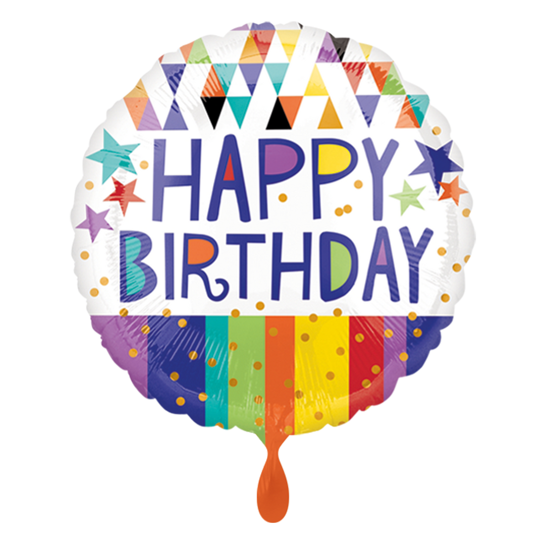 Runder Folienballon mit Regenbogenfarben, bunten Sternen und dem Schriftzug „Happy Birthday“