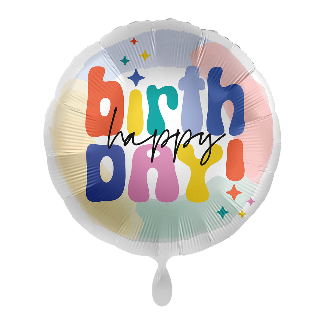 Geburtstagsballon Happy Birthday 43 cm – bunter Folienballon mit Schriftzug und Sternen