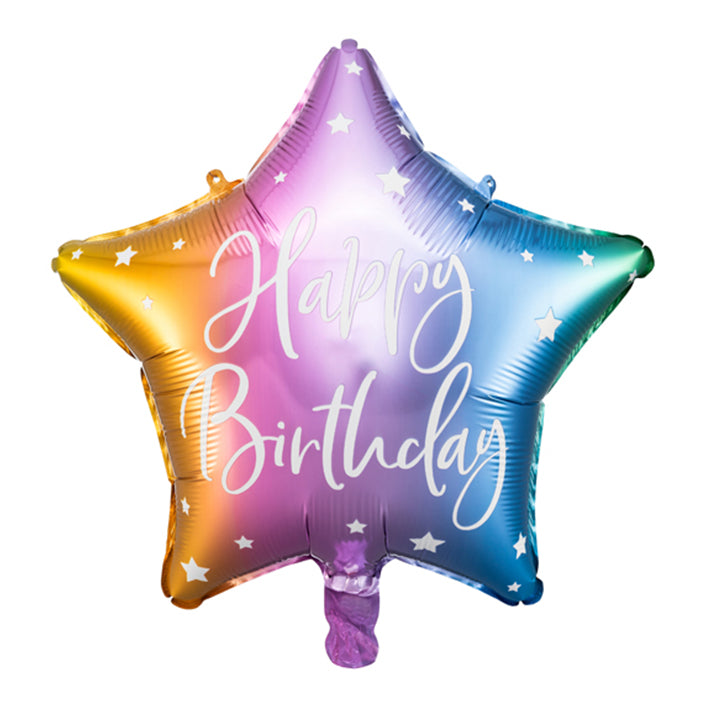 Bunter Stern-Ballon in Regenbogenfarben mit weißer Aufschrift „Happy Birthday“