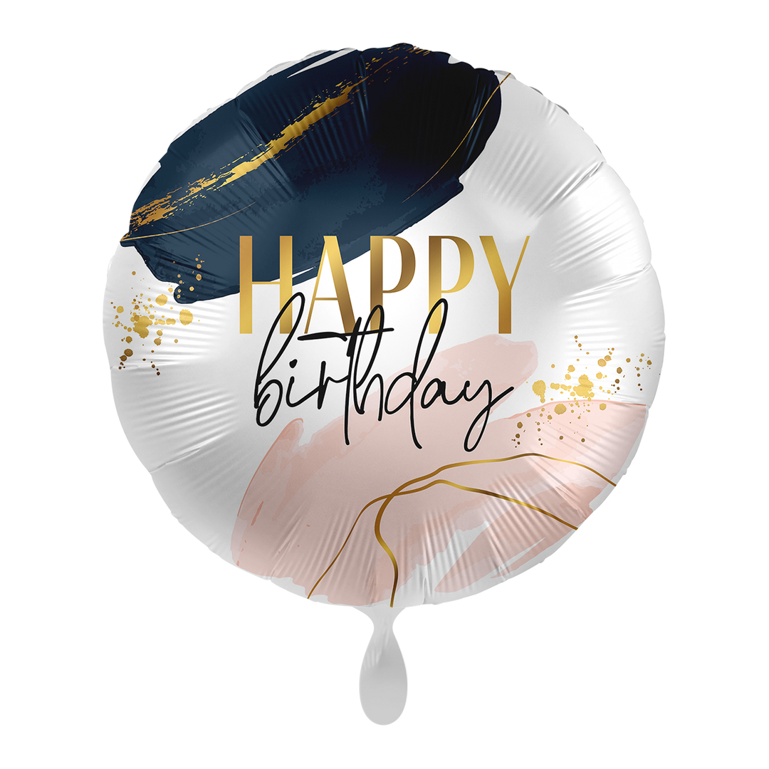 Runder Geburtstagsballon mit „Happy Birthday“-Schriftzug in Schwarz und Gold, modernem Farbdesign in Schwarz, Rosa und Goldakzenten.