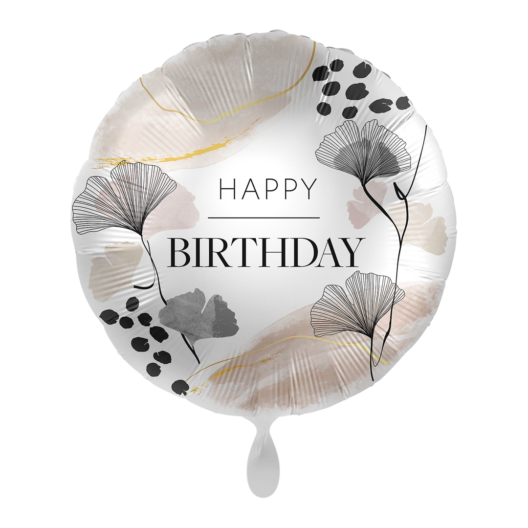 Geburtstagsballon „Happy Birthday“ mit Ginkgo-Blättern in Schwarz, Beige und Gold auf weißem Hintergrund