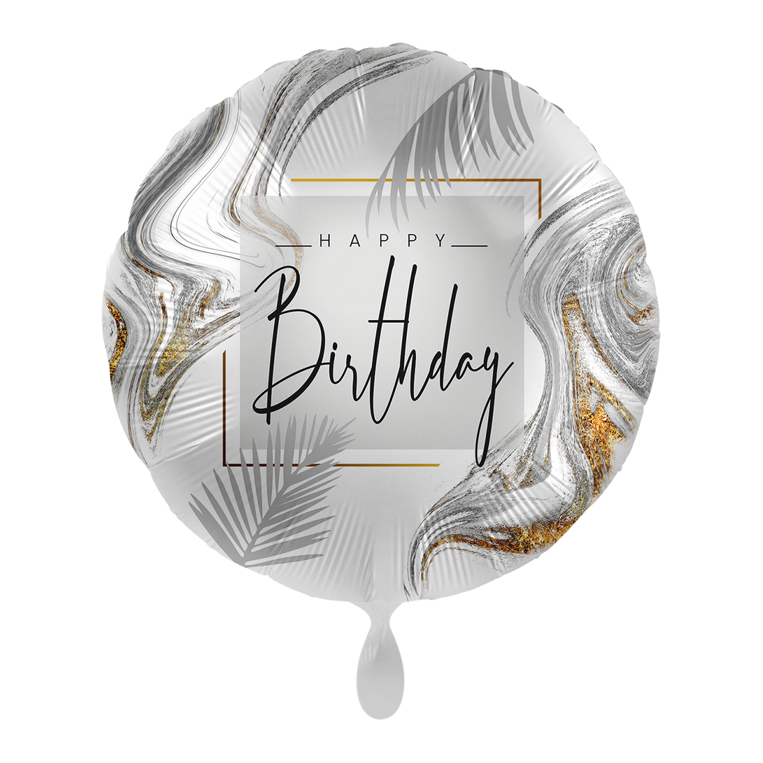 Runder Geburtstagsballon im eleganten Marmor-Design mit „Happy Birthday“-Schriftzug in Schwarz, verziert mit silbernen, grauen und goldenen Akzenten.