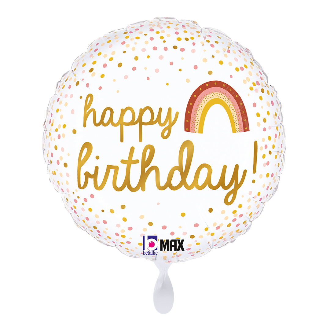 Runder Folienballon mit goldenem „Happy Birthday“-Schriftzug, buntem Regenbogen und Konfetti-Punkten.