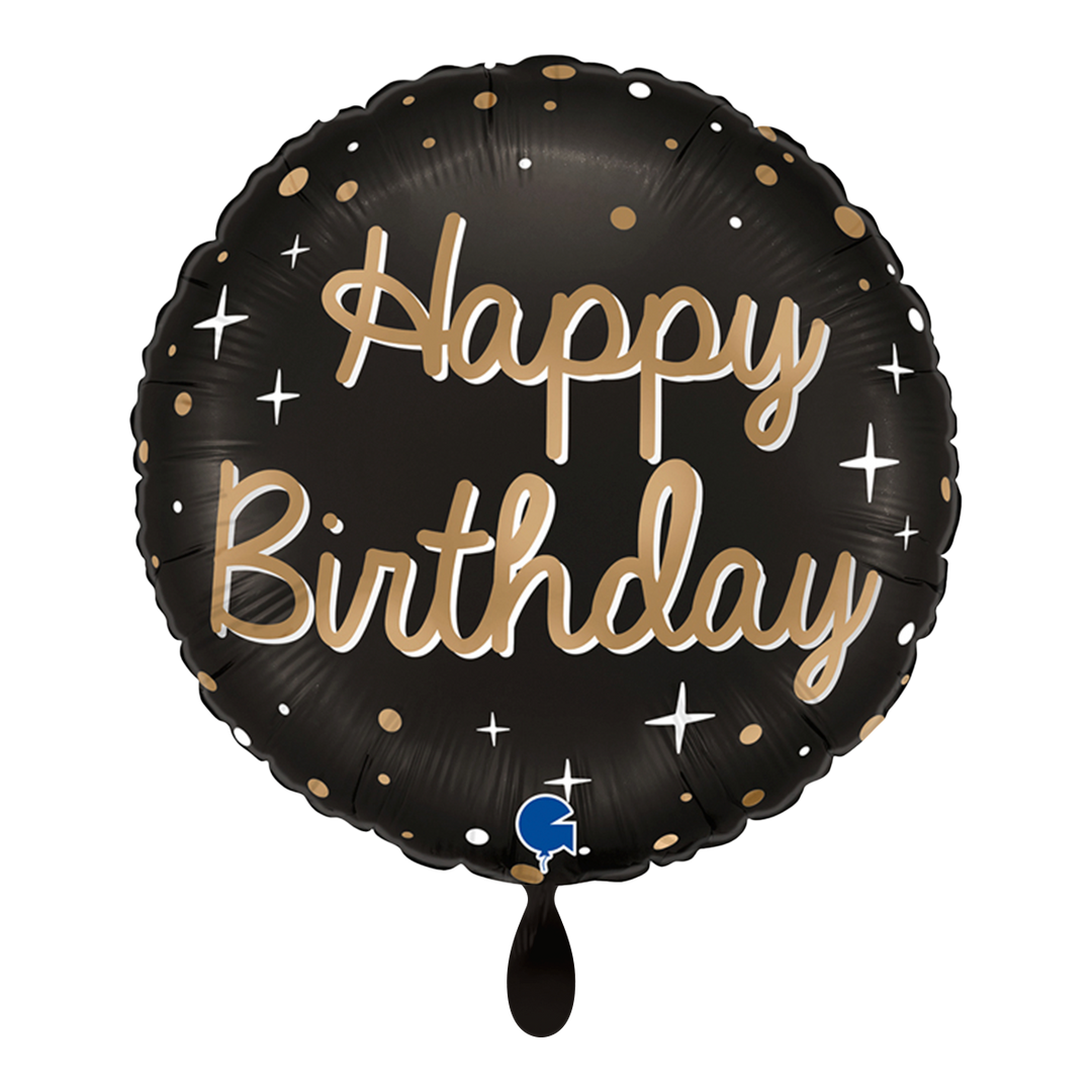 Runder schwarzer Folienballon mit goldener Aufschrift „Happy Birthday“ und dekorativen Punkten und Sternen.