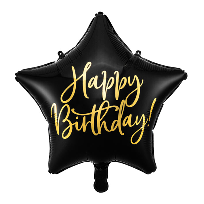Schwarzer Stern-Ballon mit goldener Aufschrift „Happy Birthday“