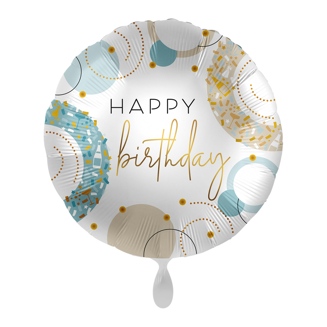 Runder Folienballon in Weiß mit gold-blauen Ornamenten und dem Schriftzug „Happy Birthday“