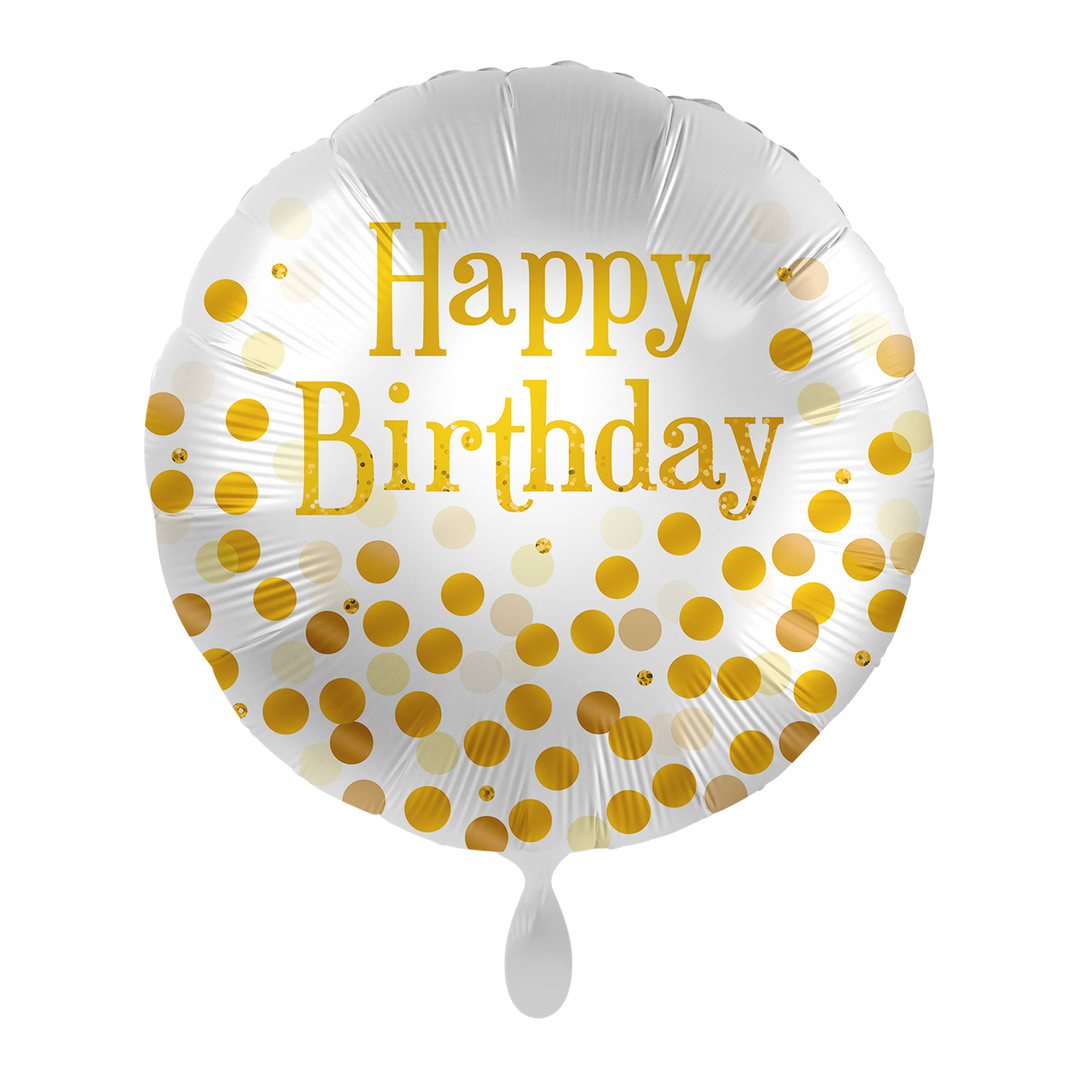Runder Geburtstagsballon in Weiß mit goldenem „Happy Birthday“-Schriftzug und goldenen Punkten als Konfettidesign.