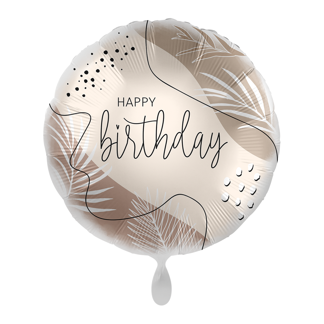 Runder Geburtstagsballon mit „Happy Birthday“-Schriftzug in Beige, Silber und Schwarz mit abstrakten Blättern, HeyBalloon Viersen.