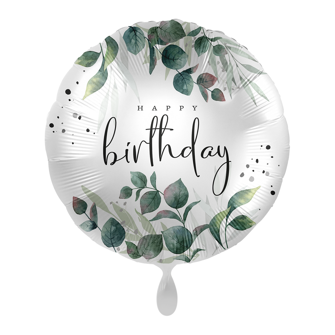 Runder Folienballon „Happy Birthday“ mit Eukalyptus-Motiv, ca. 43 cm – stilvoller Geburtstagsballon – HeyBalloon Viersen.