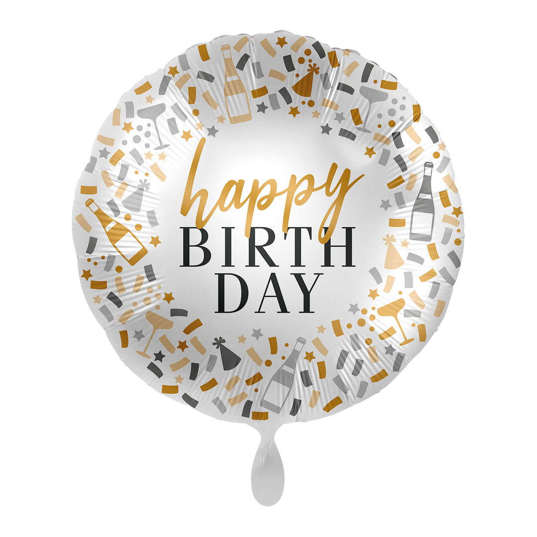 Runder Folienballon „Happy Birthday“ in Schwarz-Gold, ca. 43 cm – edler Partyballon für Geburtstag & Jubiläum – erhältlich bei HeyBalloon Viersen.