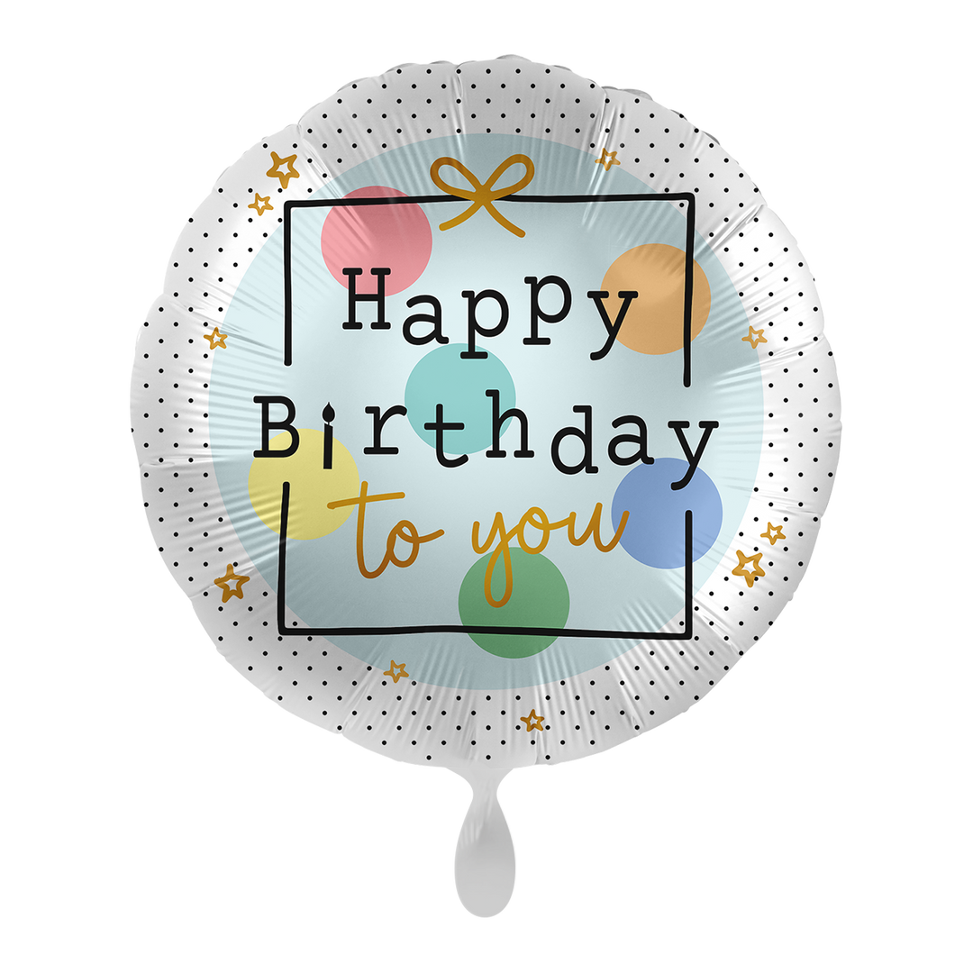 Runder Folienballon mit bunten Ballons, schwarzem Rahmen und goldenem Schriftzug „Happy Birthday to you“