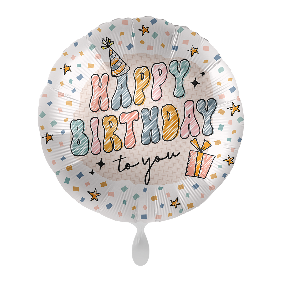 Runder Geburtstagsballon in Pastellfarben mit Aufschrift „Happy Birthday to you“, Partyhut, Geschenk und Konfetti.