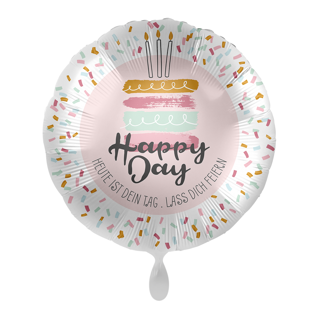 Geburtstagsballon Happy Day 43 cm – Folienballon mit Kuchen, Kerzen und Konfetti