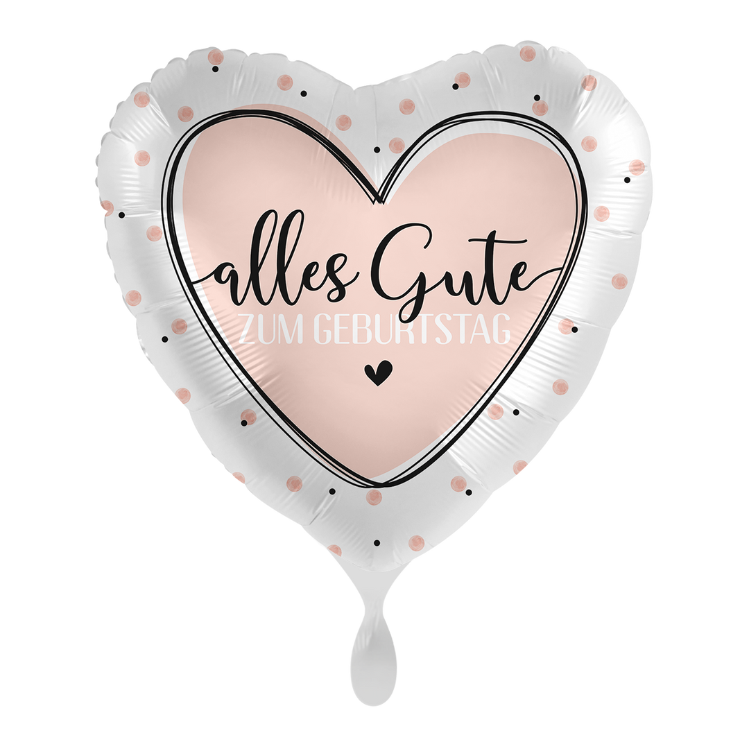 Herzförmiger Folienballon in Rosa-Weiß mit Aufschrift „Alles Gute zum Geburtstag“ und Punkten