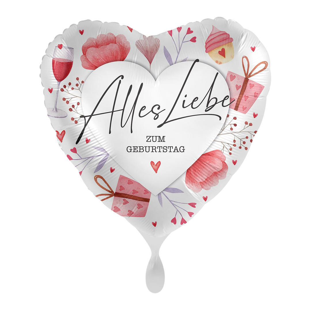 Herz-Folienballon „Alles Liebe zum Geburtstag“ mit Blumen, Geschenken & Herzchen, ca. 43 cm – festliche Geburtstagsdeko von HeyBalloon Viersen.