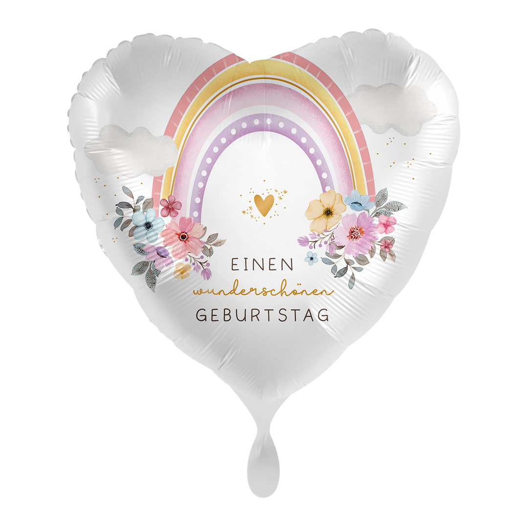 Herz-Folienballon „Einen wunderschönen Geburtstag“ mit Regenbogen- und Blumenmotiv, ca. 43 cm – erhältlich bei HeyBalloon Viersen.