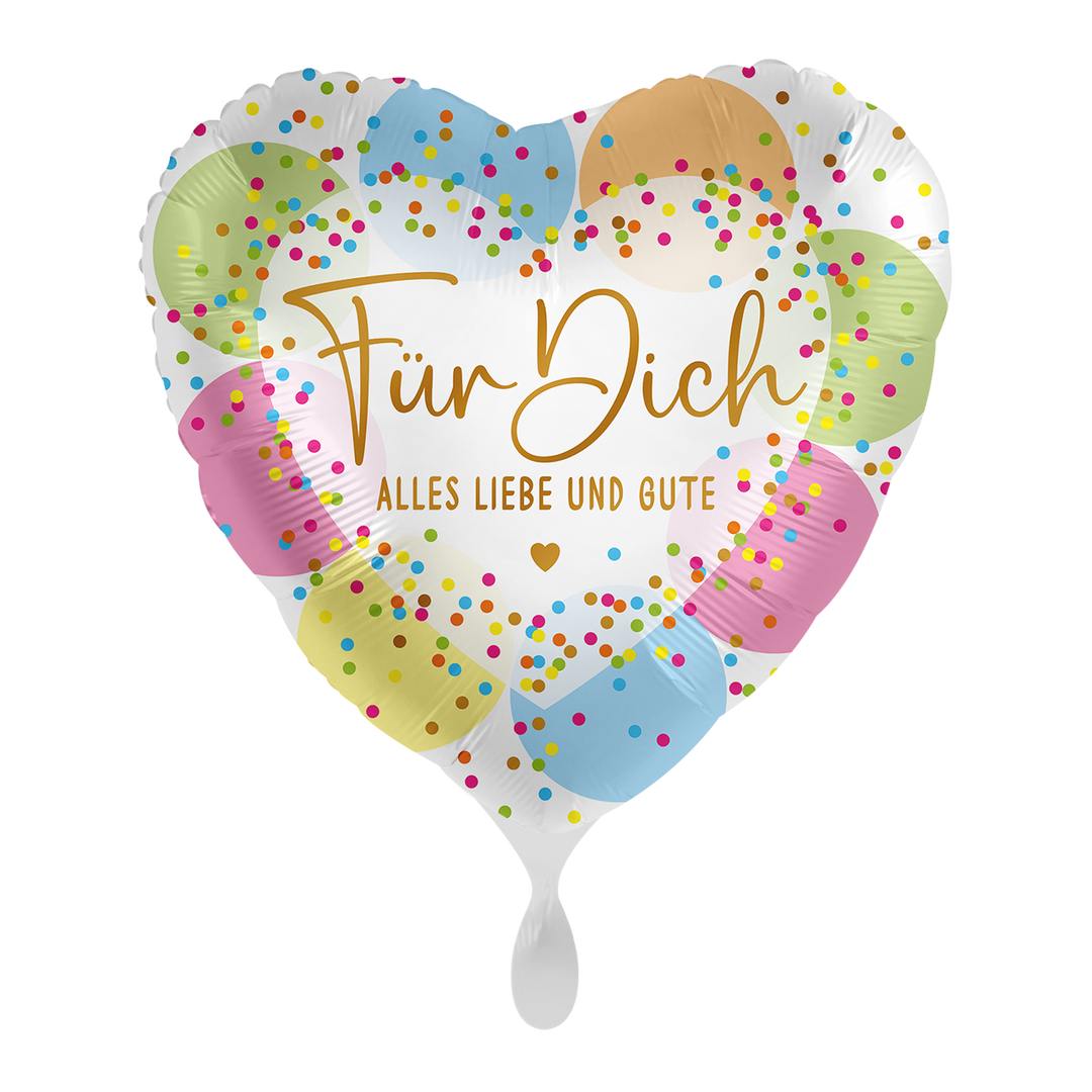Herz-Folienballon „Für Dich – Alles Liebe und Gute“ in fröhlichem Design mit bunten Konfetti, ca. 43 cm – erhältlich bei HeyBalloon Viersen.