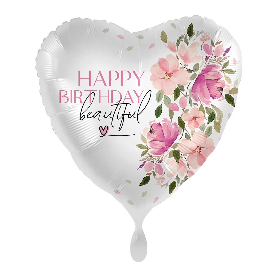Herz-Folienballon „Happy Birthday Beautiful“ mit floralen Blüten in Rosa und Pink, ca. 43 cm – erhältlich bei HeyBalloon Viersen.