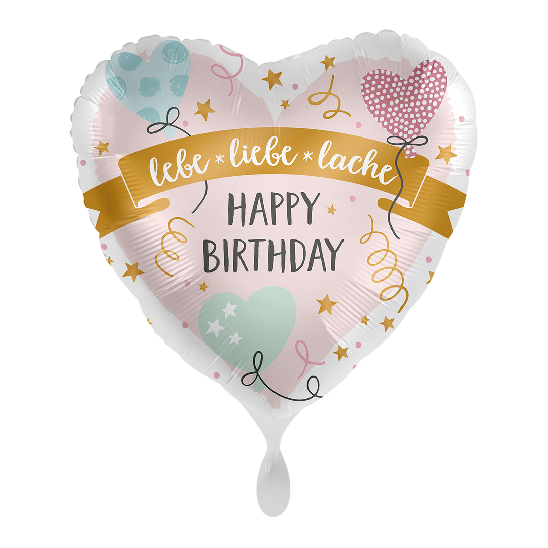 Geburtstagsballon Herz 43 cm – Folienballon mit Aufschrift „Lebe Liebe Lache – Happy Birthday“ in Pastellfarben