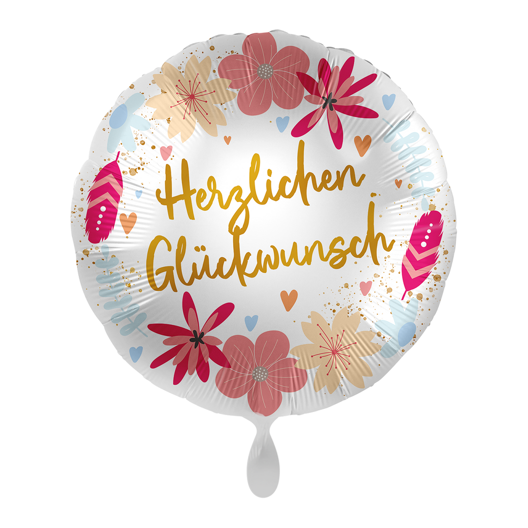 Moderner Geburtstagsballon mit Blumen in Pink und Rosa, mit süßen kleinen herzen verziert