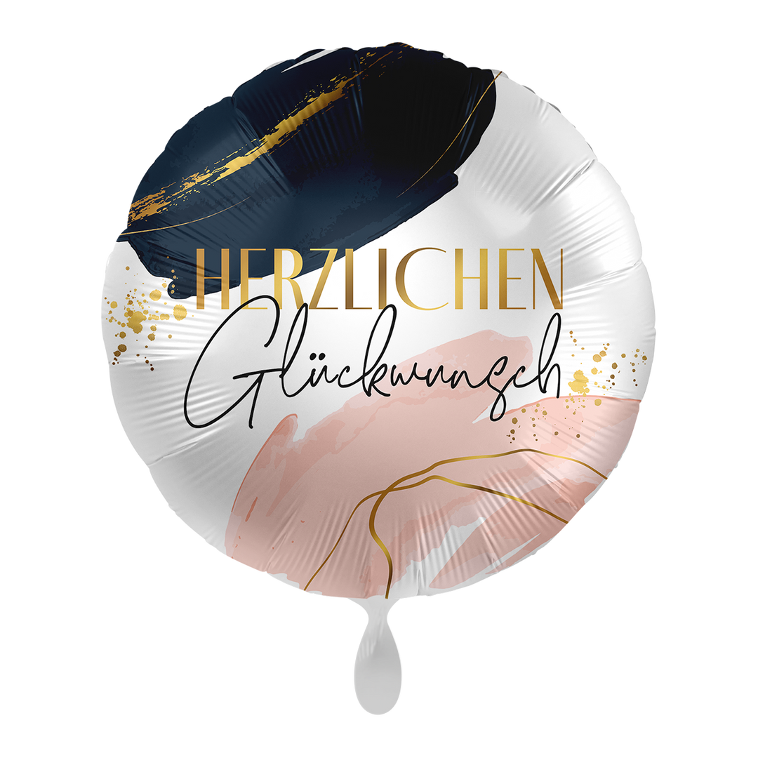 Runder Geburtstagsballon mit Aufschrift „Herzlichen Glückwunsch“ in Gold und Schwarzschrift, verziert mit modernem Design in Dunkelblau, Rosa und goldenen Akzenten.
