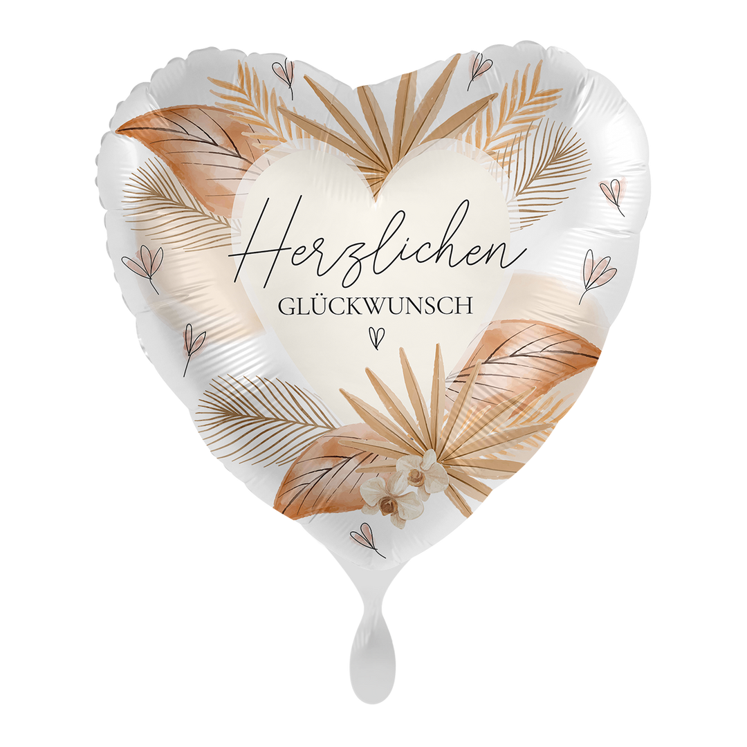 Geburtstagsballon „Herzlichen Glückwunsch“ in Herzform mit goldenen Palmenblättern