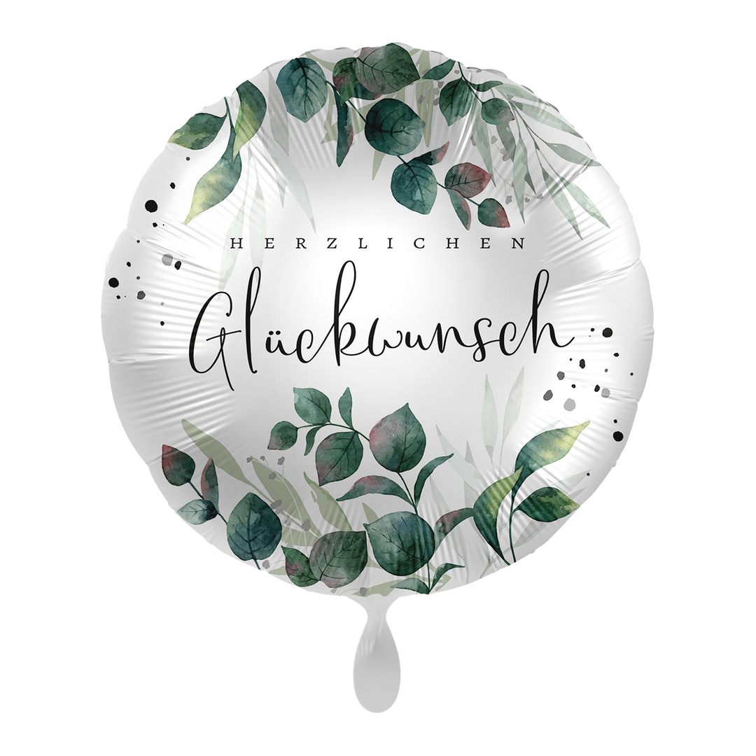 Runder Geburtstagsballon „Herzlichen Glückwunsch“ mit Eukalyptus-Motiv, ca. 43 cm – stilvoller Ballon zum Geburtstag – HeyBalloon Viersen.