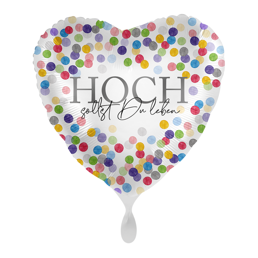 Geburtstagsballon in Herzform mit Aufschrift „Hoch sollst du leben“ und buntem Konfetti, ideal als Partydeko oder Geschenk
