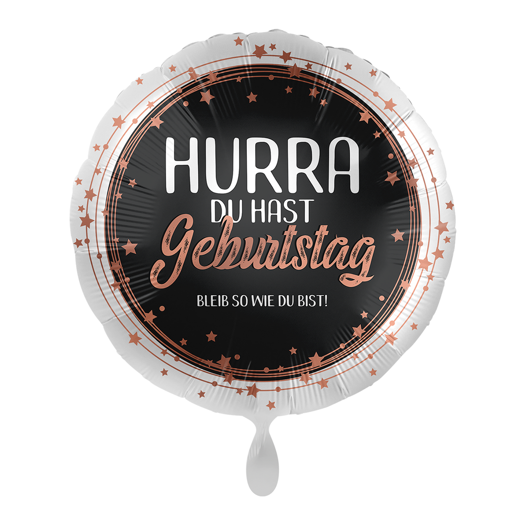 Geburtstagsballon „Hurra du hast Geburtstag“ in Schwarz mit kupferfarbenen Sternen
