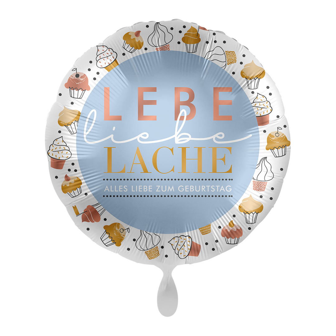 Runder Geburtstagsballon mit Cupcake-Muster und Spruch „Lebe, Liebe, Lache – Alles Liebe zum Geburtstag“, HeyBalloon Viersen.
