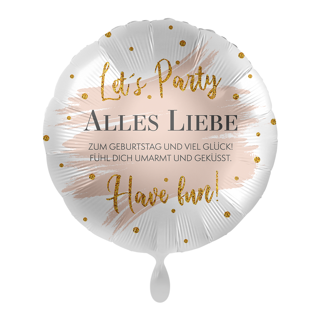 Runder Geburtstagsballon in Weiß mit goldenen Punkten und Aufschrift „Let’s Party – Alles Liebe – Have fun“