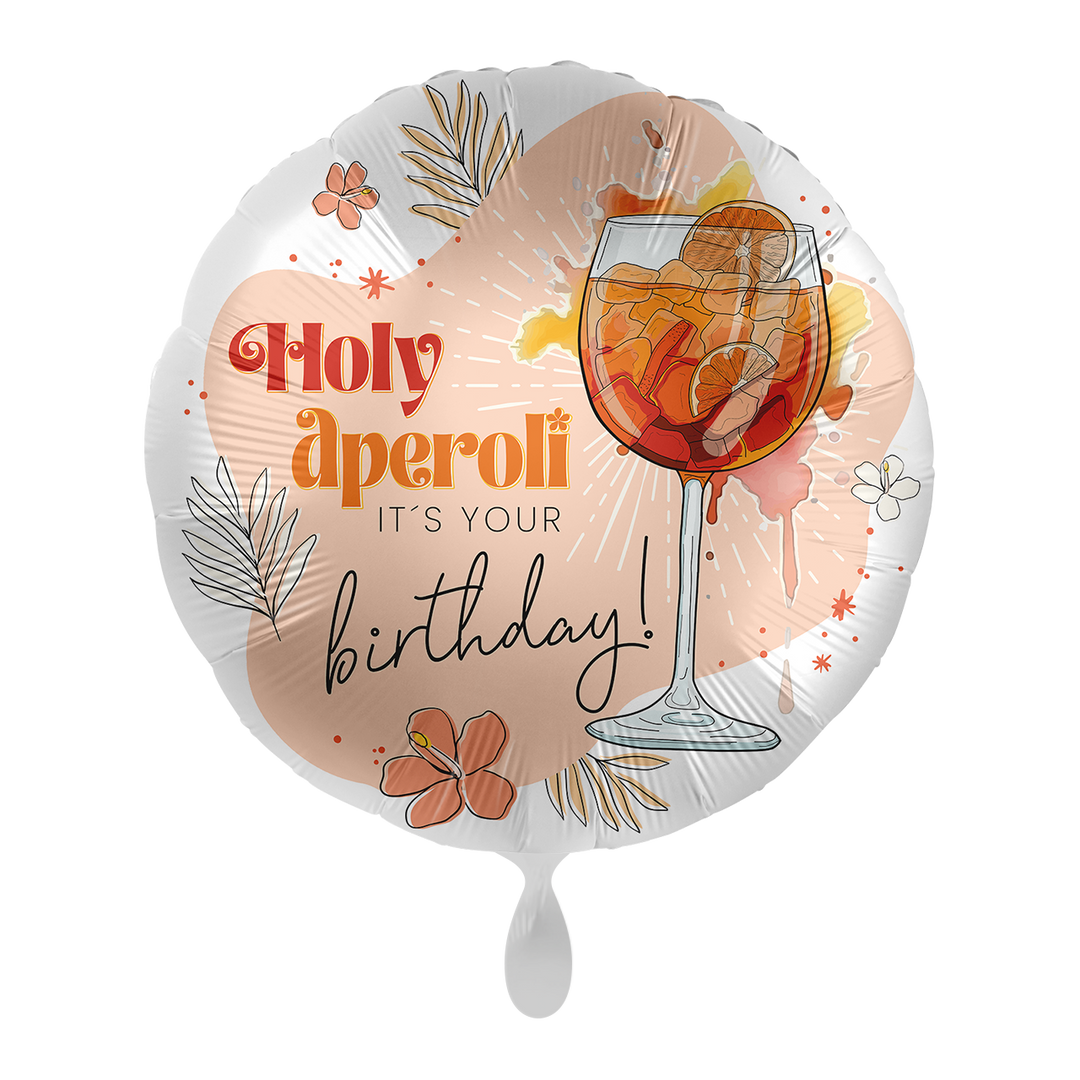 Runder Geburtstagsballon mit der Aufschrift „Tick Tock it’s Prosecco o’clock – Happy Birthday“ und Prosecco-Glas-Motiv.
