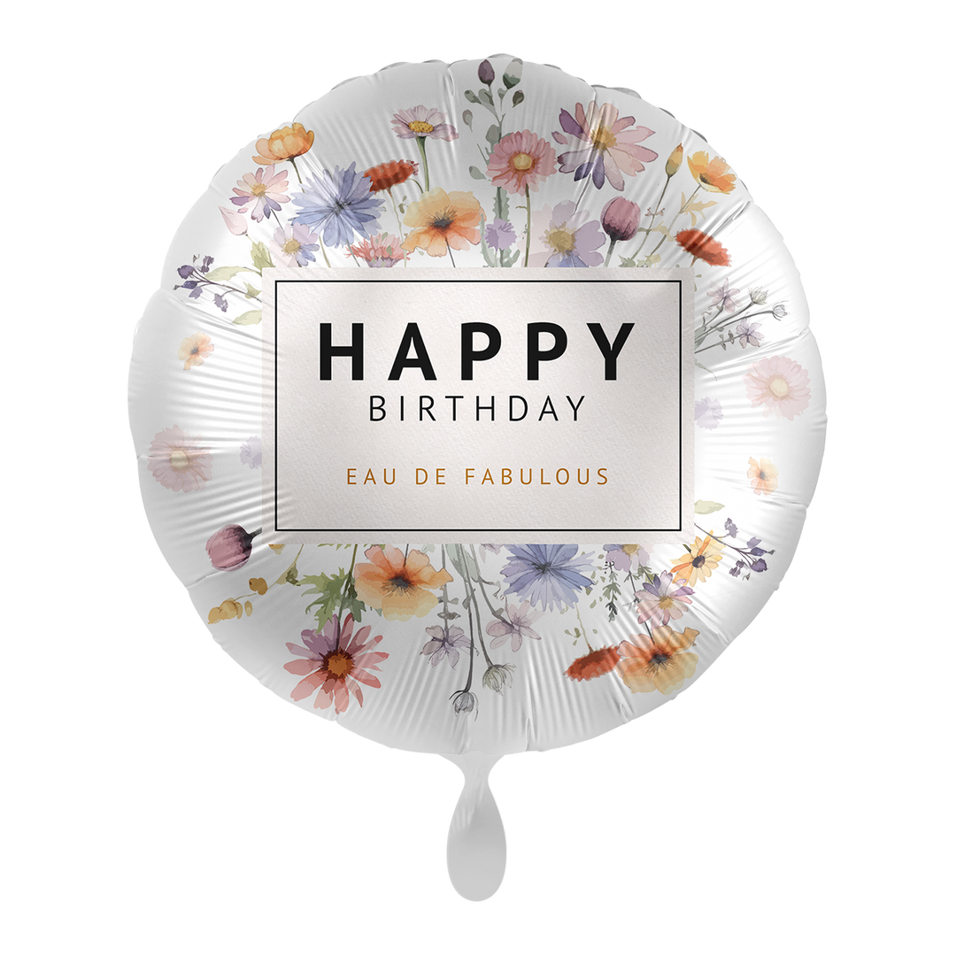 Runder Folienballon „Happy Birthday – Eau de Fabulous“ mit Blumenmuster, ca. 43 cm – eleganter Geburtstagsballon, erhältlich bei HeyBalloon Viersen.