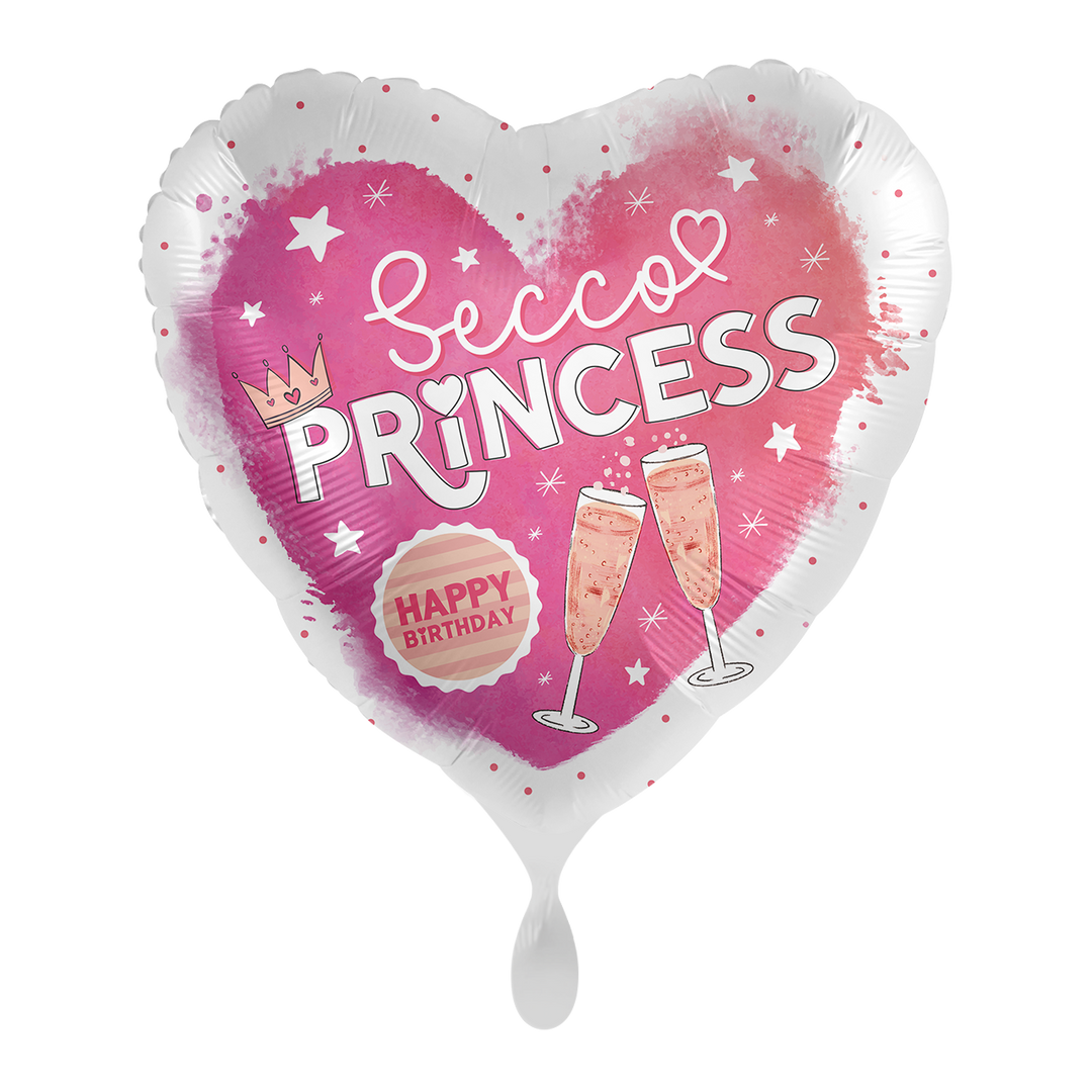 Geburtstagsballon „Secco Princess“ – Herz Folienballon Happy Birthday