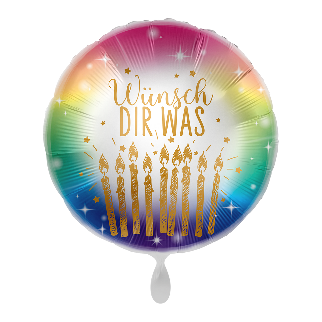 Runder Folienballon mit Regenbogenverlauf, goldenen Kerzen und Schriftzug „Wünsch dir was“