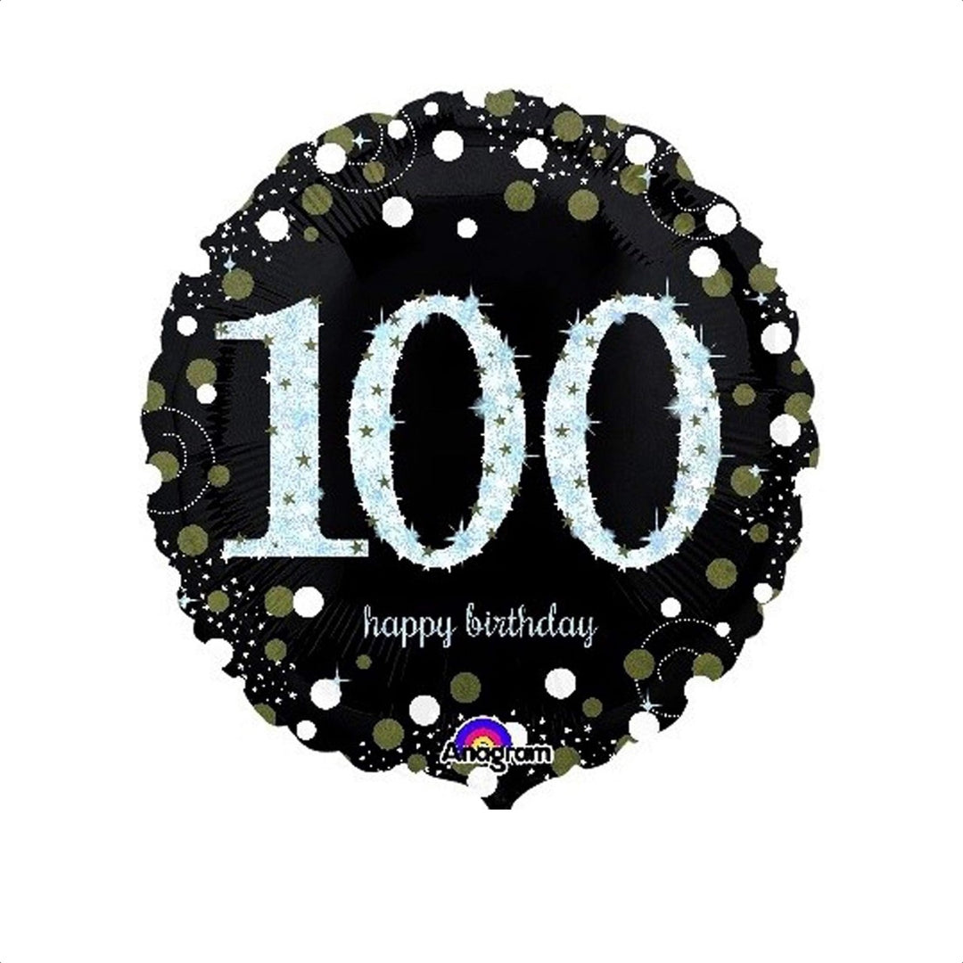 Geburtstagsballon Zahl 100 rund – Folienballon 43 cm schwarz-gold-silber
