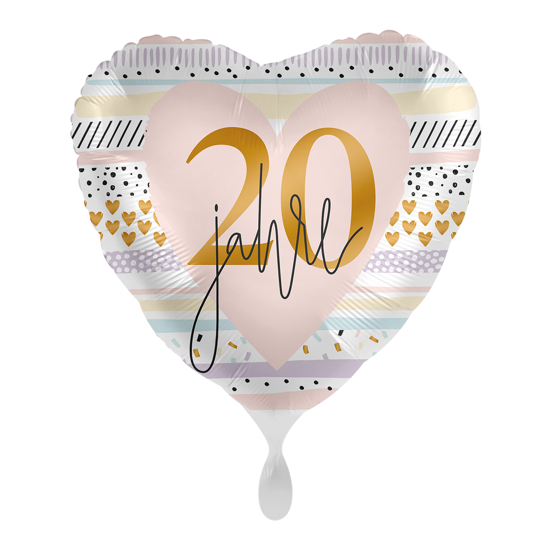 Geburtstagsballon Zahl 20 in Herzform – Folienballon 43 cm roségold-weiß mit „20 Jahre“